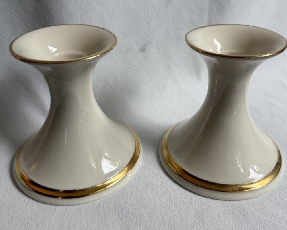 Pair of Lenox 3.5” Hand Painted Gold Trim Candle Holders